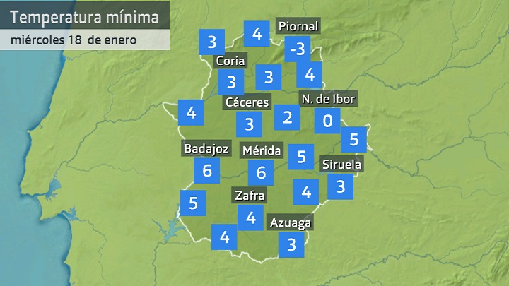 Temperatura mínima miércoles 18 de enero. Datos hasta las 6:40 h. Aemet, Meteoclimatic et al.