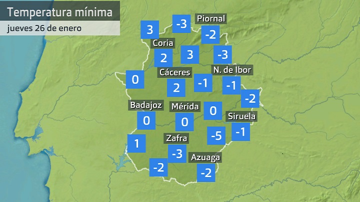 Temperatura mínima jueves 26 de enero. Datos hasta las 6:30 h. Aemet, Meteoclimatic et al.