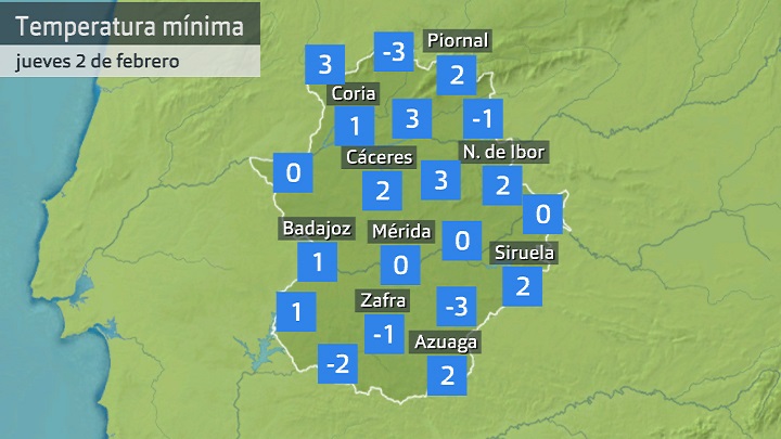 Temperatura mínima jueves 2 de febrero. Datos hasta las 6:40 h. Aemet, Meteoclimatic et al.