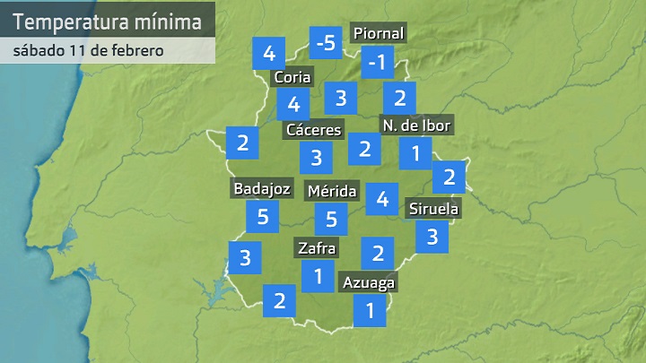 Temperatura mínima sábado 11 de febrero. Datos hasta las 8:30 h. Aemet, Meteoclimatic et al.