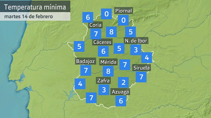 Temperatura mínima martes 14 de febrero. Datos hasta las 6:30 h. Aemet, Meteoclimatic et al.