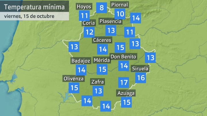 Temperatura mínima viernes 15 de octubre. Datos hasta las 6:40 h. Aemet, Meteoclimatic et al.
