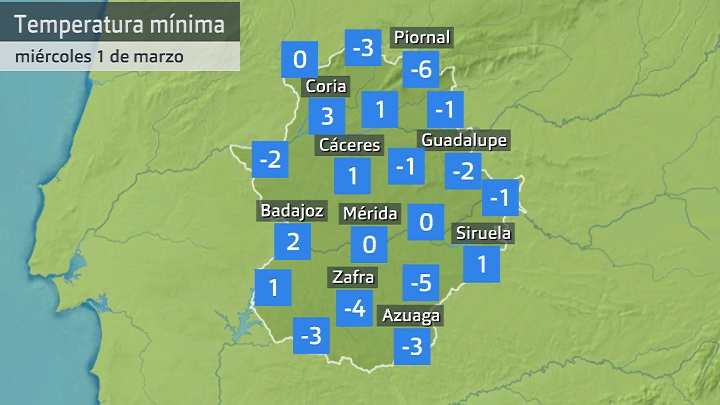 Temperatura mínima miércoles 1 de marzo. Datos hasta las 6:30 h. Aemet, Meteoclimatic et al.