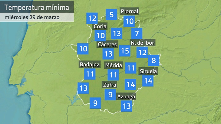 Temperatura mínima miércoles 29 de marzo. Datos hasta las 6:30 h. Aemet, Meteoclimatic et al.