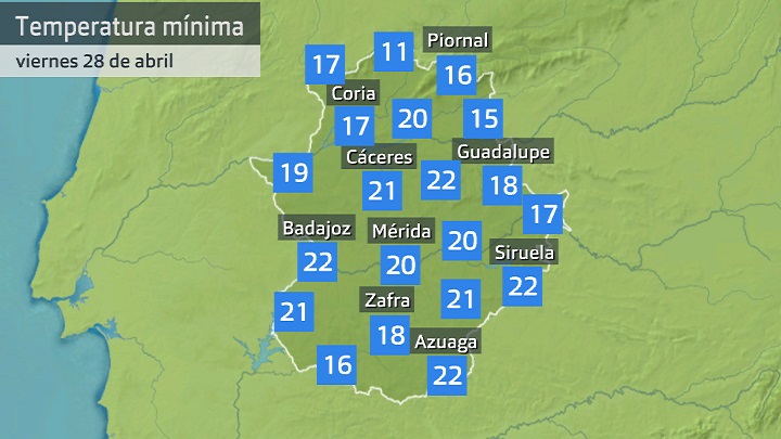 Temperatura mínima viernes 28 de abril. Daros hasta las 6:40 h. Aemet, Meteoclimatic et al.