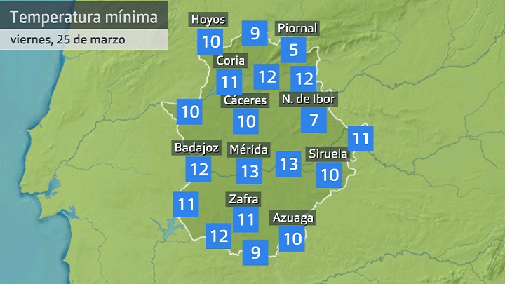 Temperatura mínima viernes 25 de marzo. Datos hasta las 6:40 h. Aemet, Meteoclimatic et al.