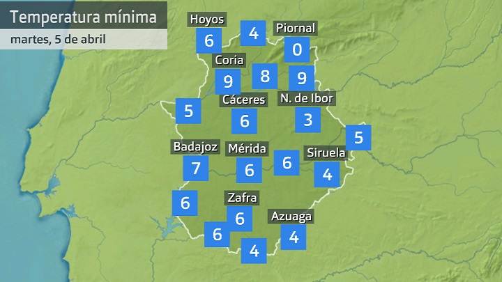 Temperatura mínima martes 5 de abril. Datos hasta las 6:40 h. Aemet, Meteoclimatic et al.