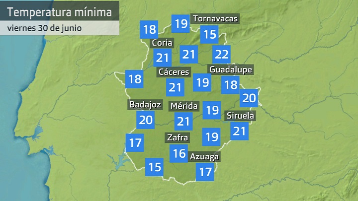 Temperatura mínima viernes 30 de junio. Datos hasta las 6:30 h. Aemet, Meteoclimatic et al.