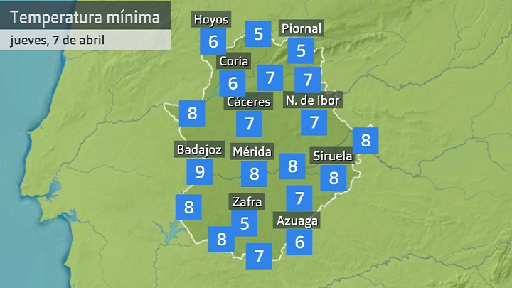 Temperatura mínima jueves 7 de abril. Datos hasta las 6:40 h. Aemet, Meteoclimatic et al.