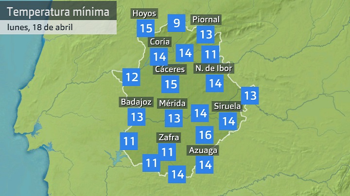 Temperatura mínima lunes 18 de abril. Datos hasta las 6:40 h. Aemet, Meteoclimatic et al.