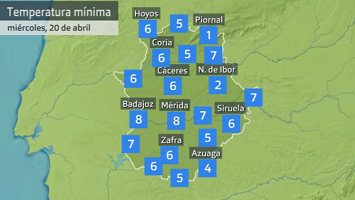 Temperatura mínima miércoles 20 de abril. Datos hasta las 6:40 h. Aemet, Meteoclimatic et al.