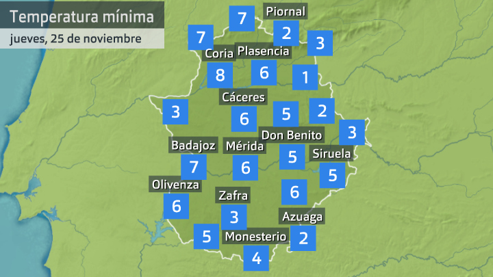 Temperatura mínima jueves 25 de noviembre. Datos hasta las 6:40 h. Aemet, Meteoclimatic et al.