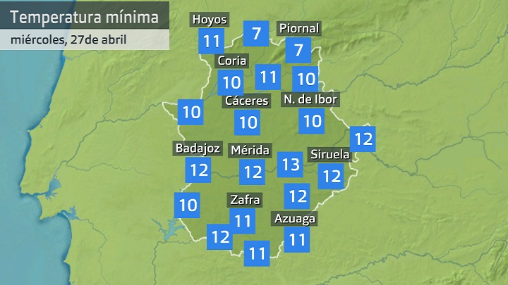 Temperatura mínima miércoles 27 de abril. Datos hasta las 6:40 h. Aemet, Meteoclimatic et al.