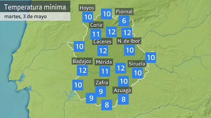 Temperatura mínima martes 3 de mayo. Datos hasta las 6:40 h. Aemet, Meteoclimatic et al.