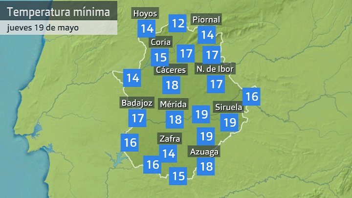 Temperatura mínima juevss 19 de mayo. Datos hastalas 6:40 h. Aemet, Meteoclimatic et al.