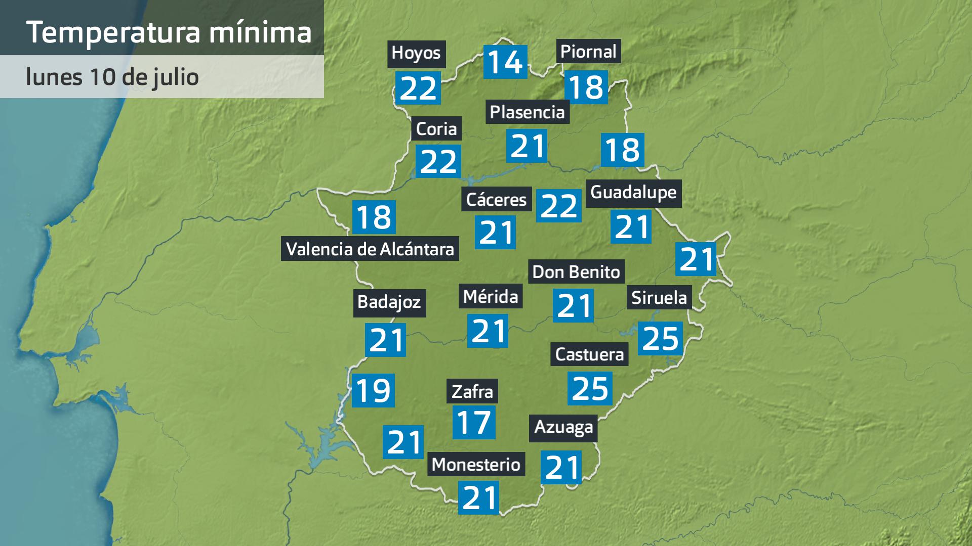 Temperatura mínima lunes 10 de julio. Datos hasta las 6:30 h. Aemet, Meteoclimatic et al.