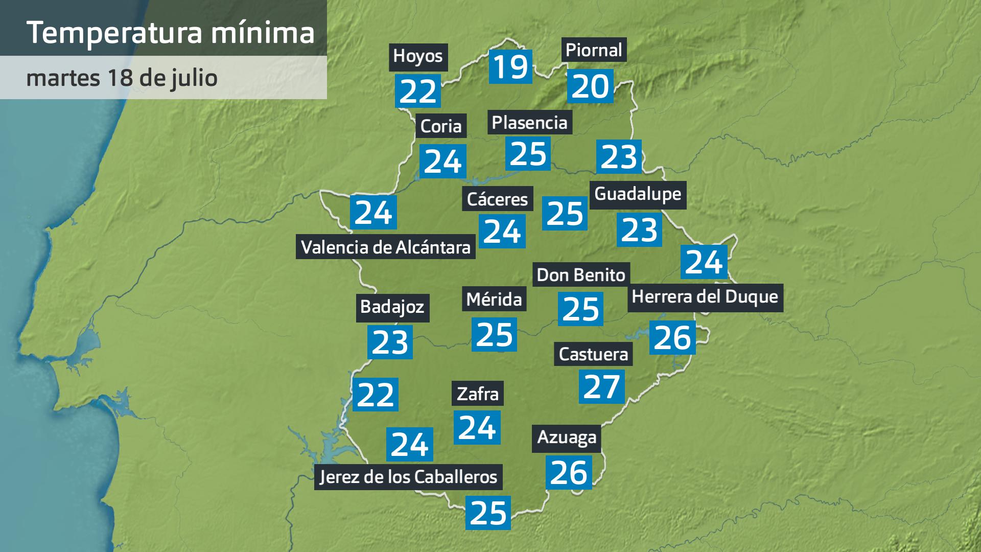 Temperatura mínima martes 18 de julio. Datos hasta las 6:30 h. Aemet, Meteoclimatic et al.