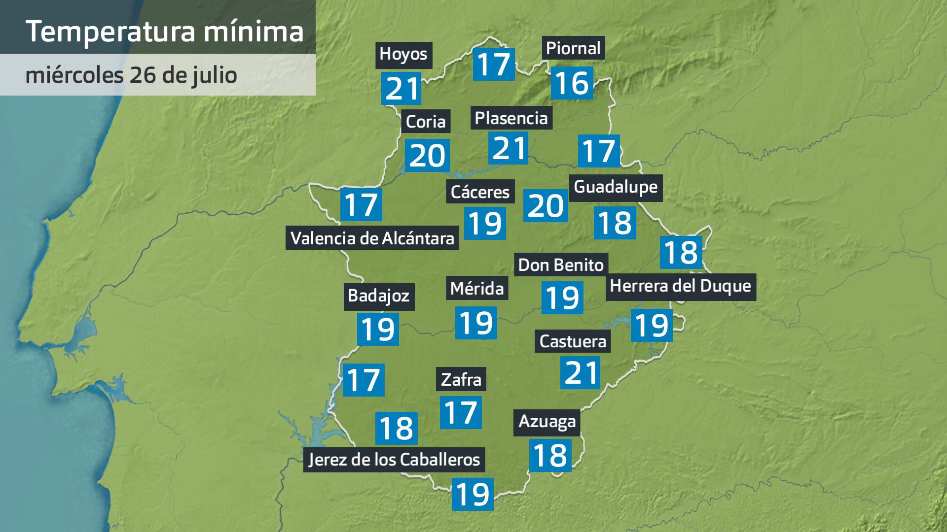 Temperatura mínima miércoles 26 de julio. Datos hasta las 6:30 h. Aemet, Meteoclimatic et al.