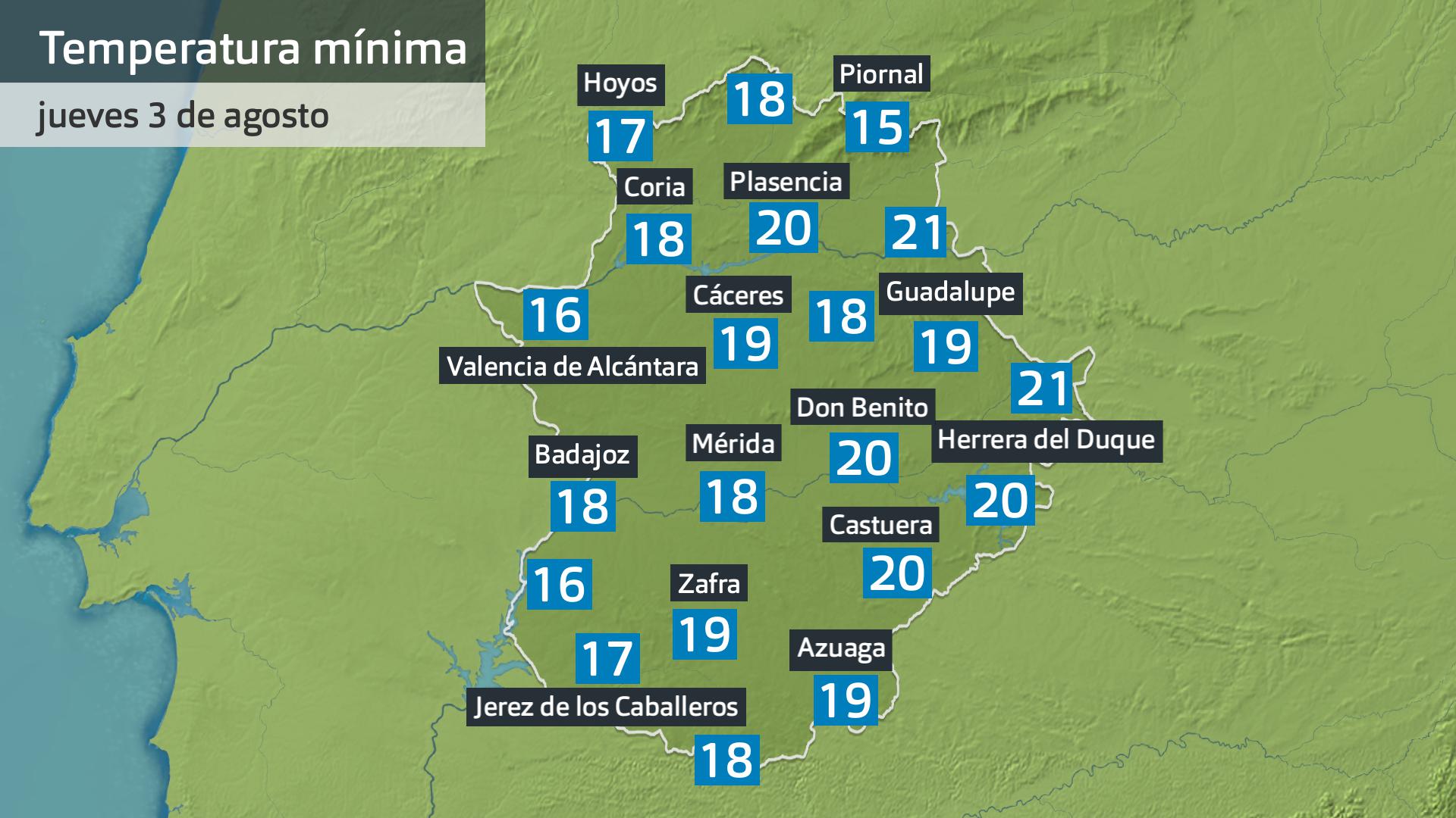 Temperatura mínima jueves 3 de agosto. Datos hasta las 6:30 h. Aemet, Meteoclimatic et al.