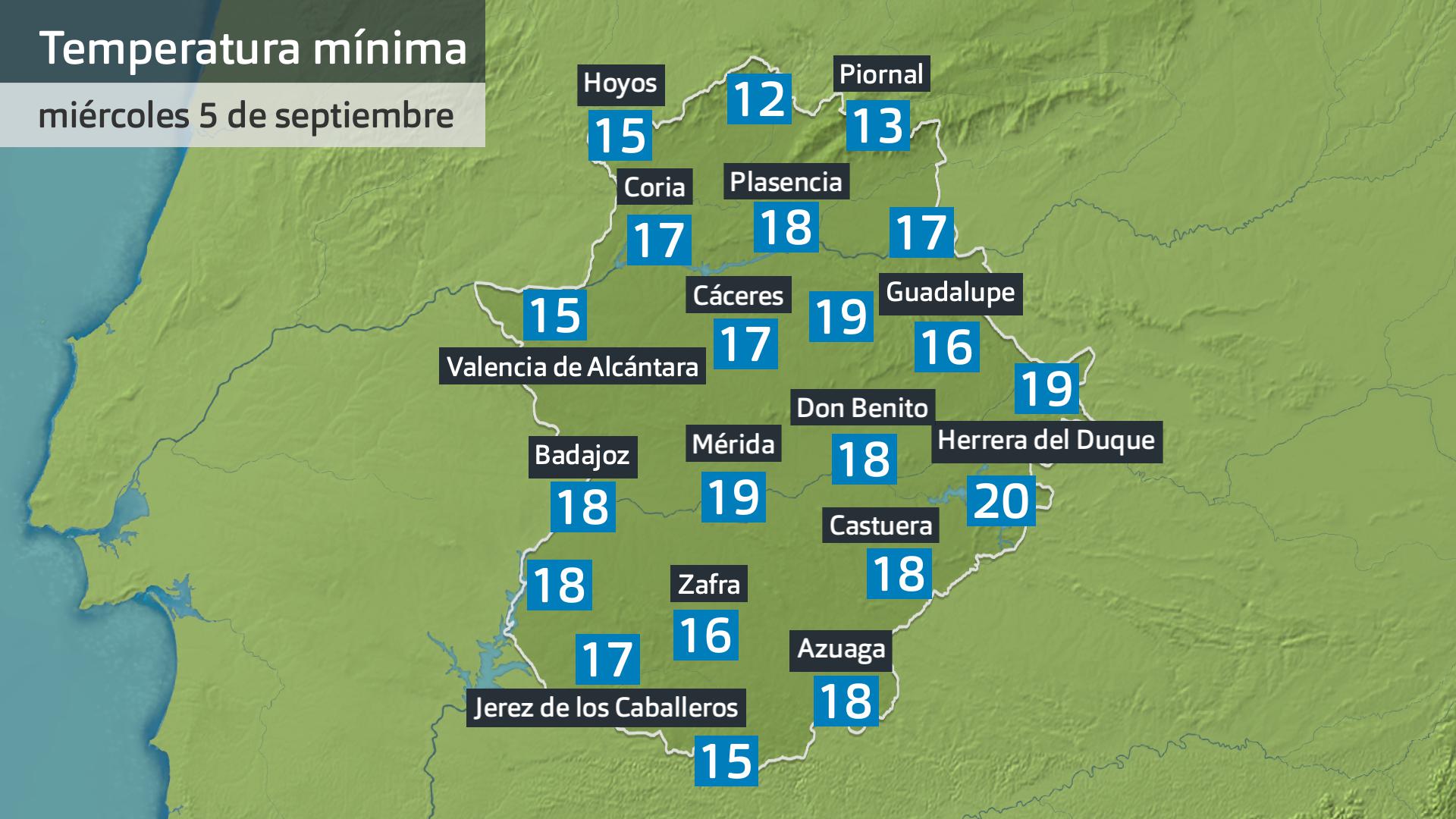 Temperatura mínima miércoles 6 de septiembre. Datos hasta las 6:30 h. Aemet, Meteoclimatic et al.