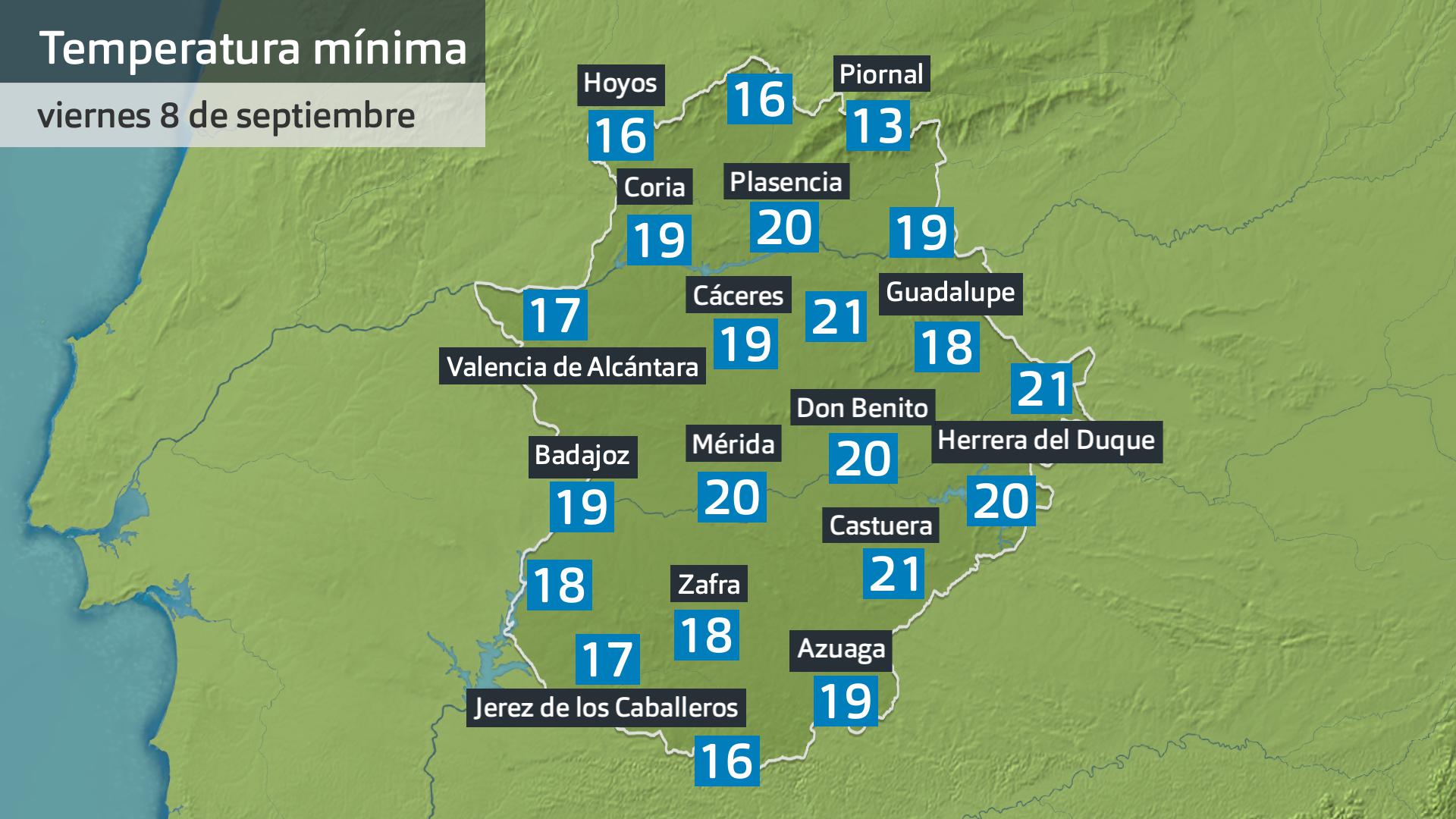 Temperatura mínima viernes 8 de septiembre. Datos hasta las 7:30 h. Aemet, Meteoclimatic et al.