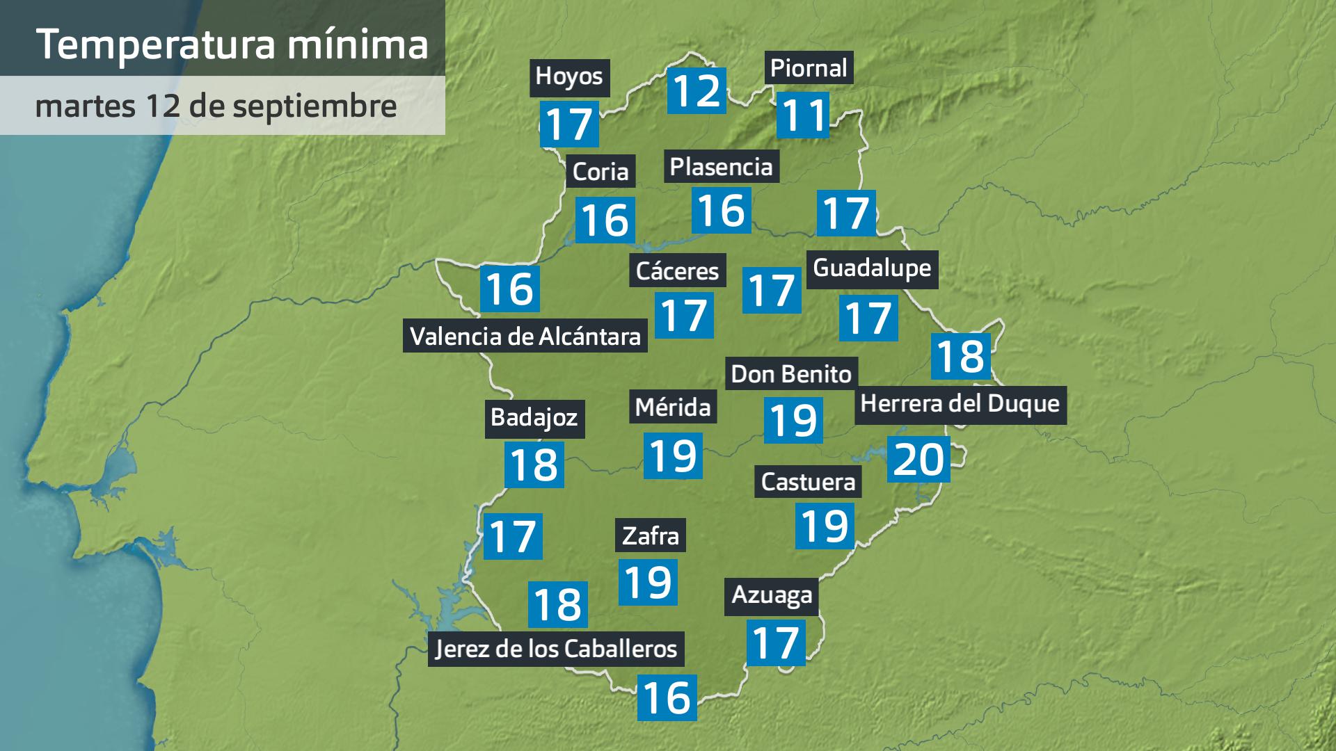 Temperatura mínima martes 12 de septiembre. Datos hasta las 6:30 h. Aemet, Meteoclimatic et al.