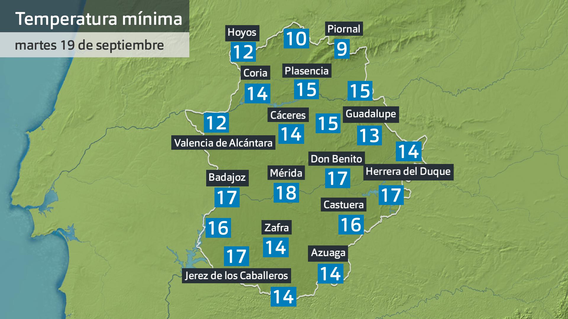 Temperatura mínima martes 19 de septiembre. Datos hasta las 6:30 h. Aemet, Meteoclimatic et al.