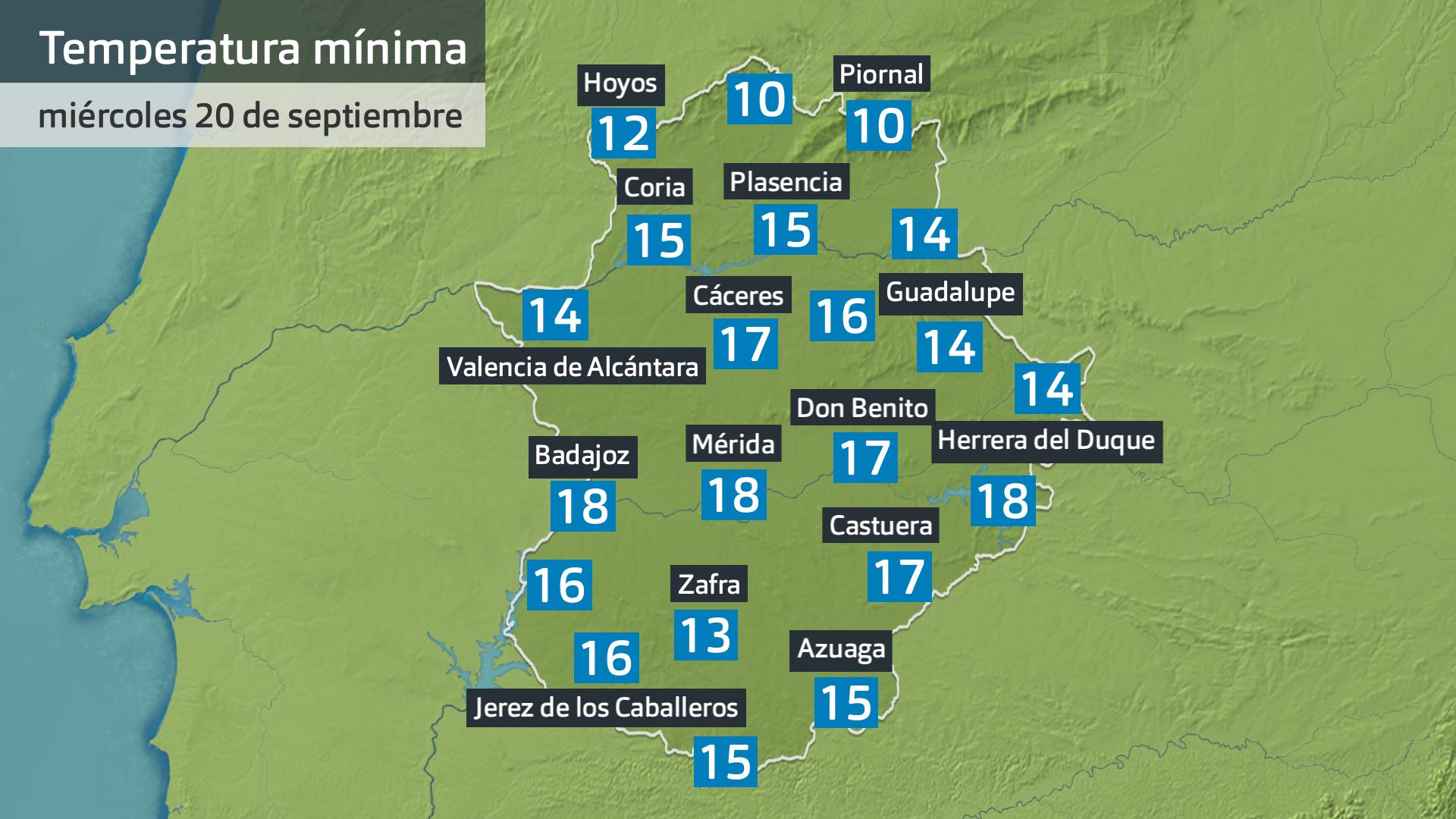 Temperatura mínima miércoles 20 de septiembre. Datos hasta las 6:30 h. Aemet, Meteoclimatic et al.