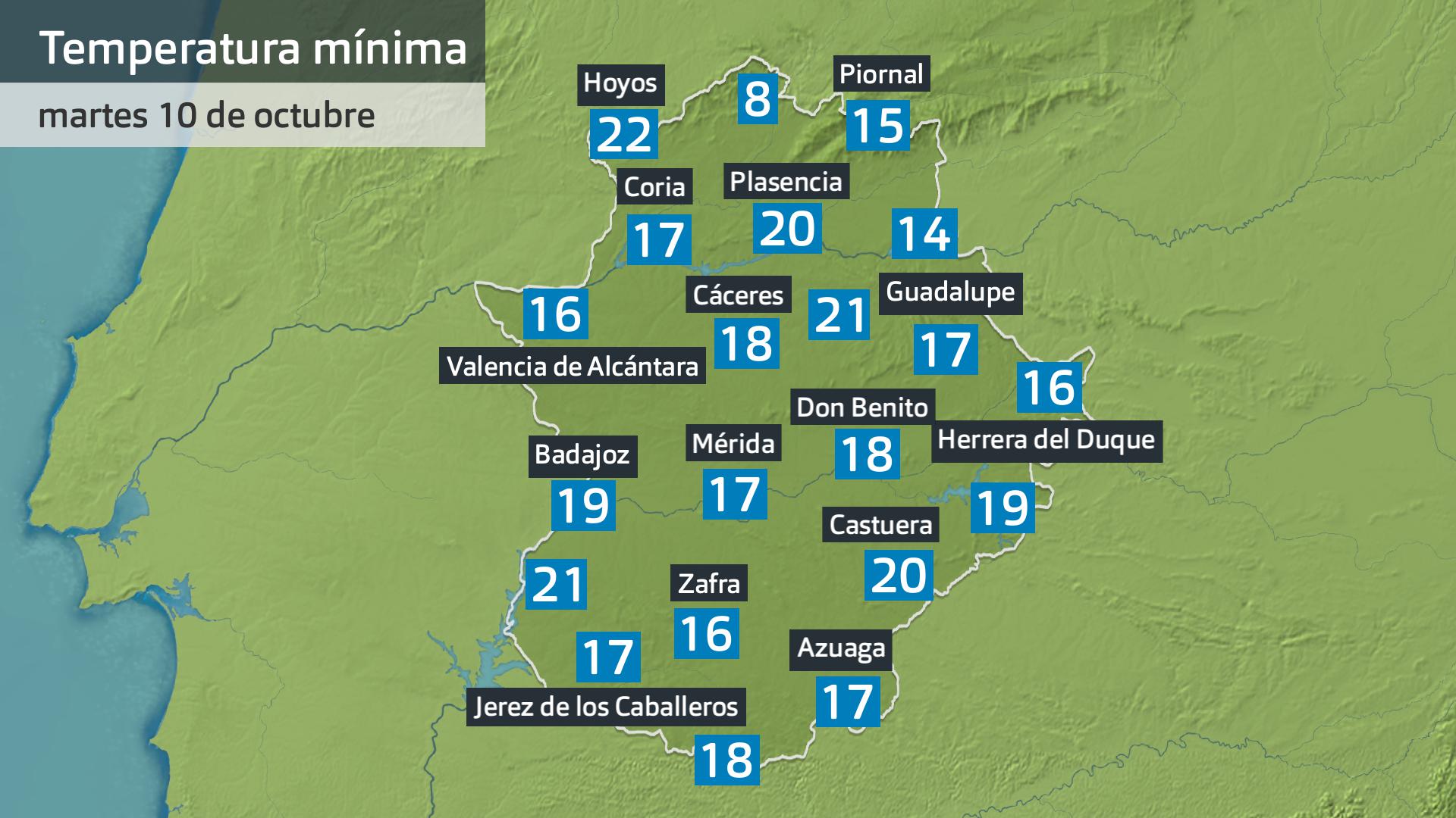 Temperatura mínima martes 10 de octubre. Datos hasta las 6:30 h. Aemet, Meteoclimatic et al.