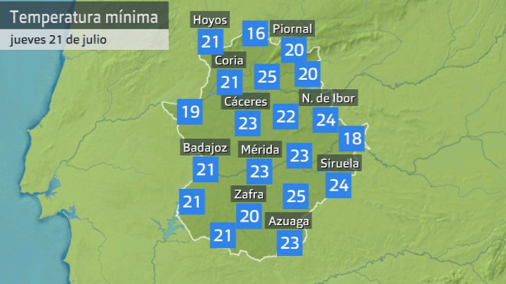 Temperatura mínima jueves 21 de julio. Datos hasta las 6:40 h. Aemet, Meteoclimatic et al.