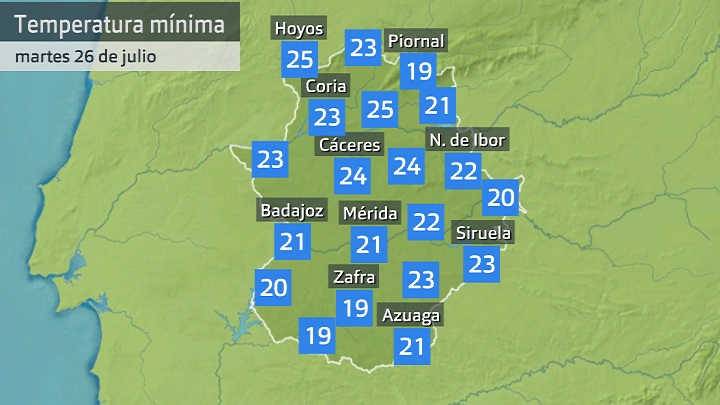 Temperatura mínima martes 26 de julio. Datos hasta las 6:40 h. Aemet, Meteoclimatic et al.