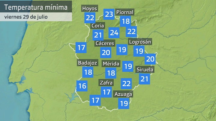 Temperatura mínima viernes 29 de julio. Datos hasta las 6:40 h. Aemet, Meteoclimatic et al.
