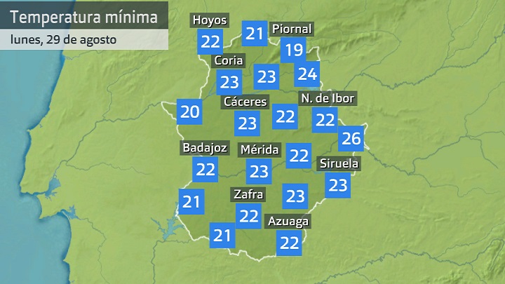 Temperatura mínima lunes 29 de agosto. Datos hasta las 6:40 h. Aemet, Meteoclimatic et al.