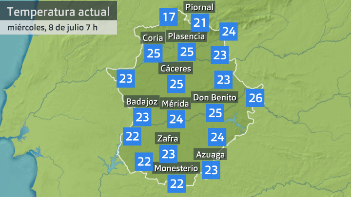 Temperatura a las 7 h. Miércoles 8 de julio. Datos de Aemet y Meteoclimatic