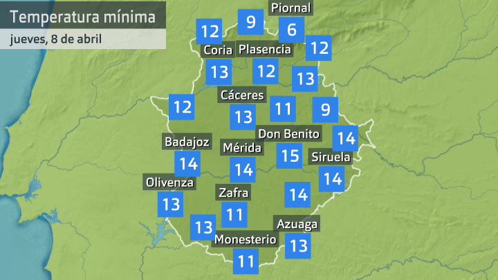 Temperatura mínima jueves 8 de abril. Datos hasta las 7 h. Aemet, Meteoclimatic et al.