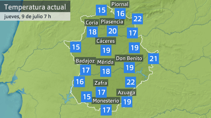 Temperatura a las 7 h jueves 9 de julio. Datos de Aemet y Meteoclimatic