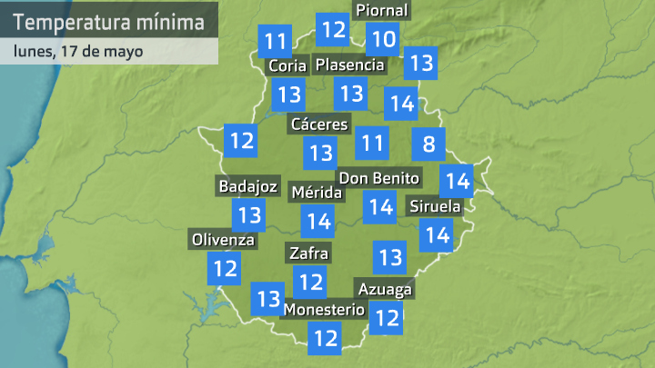 Temperatura mínima lunes 17 de mayo. Datos hasta las 7 h. Aemet, Meteoclimatic et al.