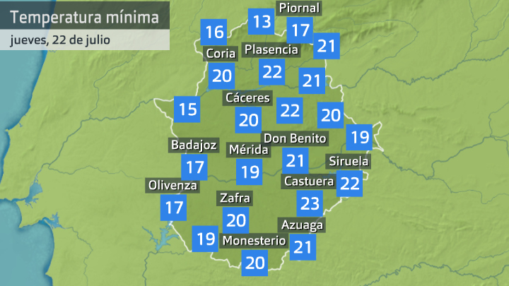 Temperatura mínima jueves 22 de julio. Datos hasta las 6:30 h. Aemet, Meteoclimatic et al.