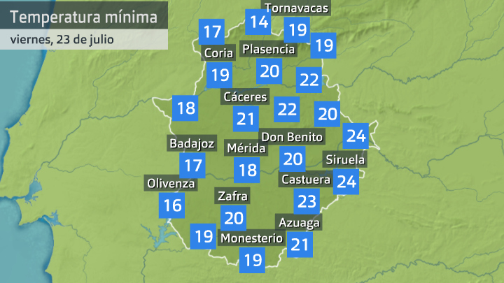 Temperatura mínima viernes 23 de julio. Datos hasta las 6:30 h. Aemet, Meteoclimatic et al.