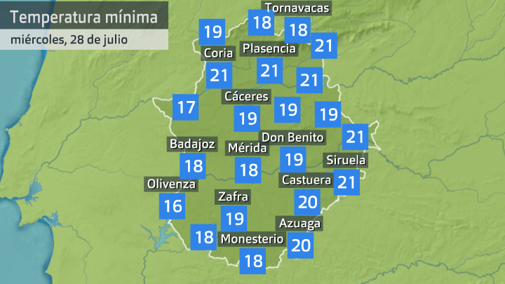 Temperatura mínima miércoles 28 de julio. Datos hasta las 6:30 h. Aemet, Meteoclimatic et al.