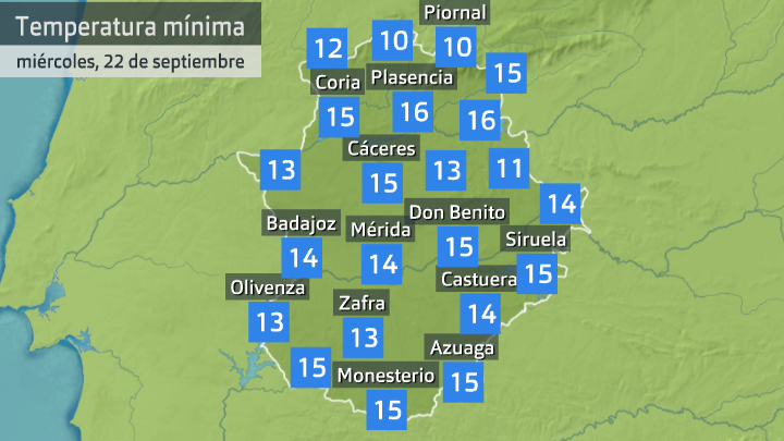 Temperatura mínima miércoles 22 de septiembre. Datos hasta las 7:20 h. Aemet, Meteoclimatic et al.