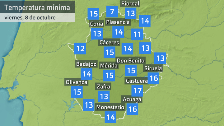 Temperatura mínima viernes 8 de octubre. Datos hasta las 6:20 h. Aemet, Meteoclimatic et al.