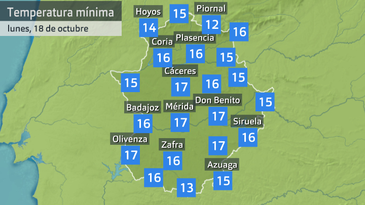 Temperatura mínima lunes 18 de octubre. Datos hasta las 6:40 h. Aemet, Meteoclimatic et al.