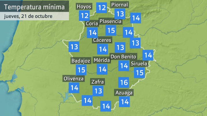 Temperatura mínima jueves 21 de octubre. Datos hasta las 6:40 h. Aemet, Meteoclimatic et al.