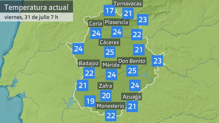 Temperatura a las 7 h viernes 31 de julio. Datos de Aemet y Meteoclimatic