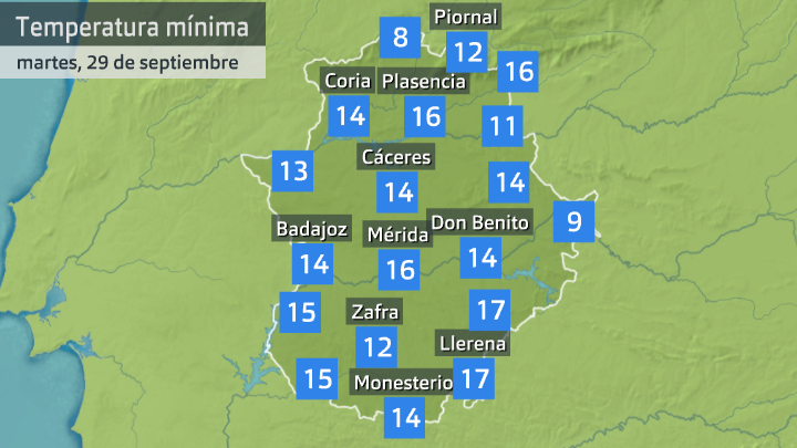 Temperatura mínima. Datos de Aemet y Meteoclimatic 7 h