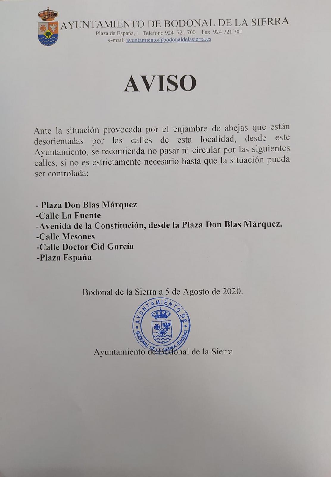 Bando municipal advirtiendo de la presencia de abejas