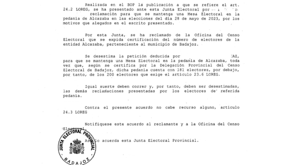 Detalle de la resolución de la Junta Electoral Provincial de Badajoz