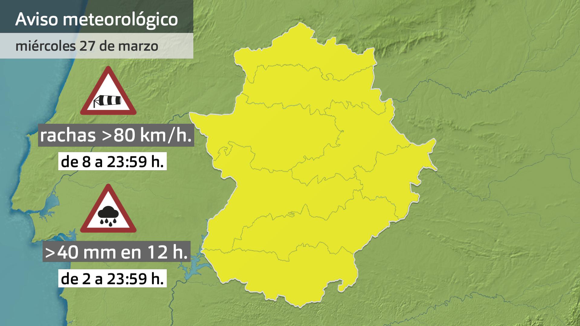 Avisos meteorológicos (Aemet) para hoy miércoles 27 de marzo