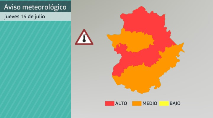 Mapa de avisos para el jueves 14 de julio de 2022. Fuente: AEMET.